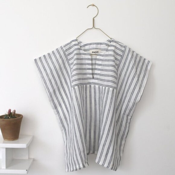 Pietsie Tops - Pietsie Sayulita 100% Linen Top Womens M Striped White Boxy Lagenlook Beachy